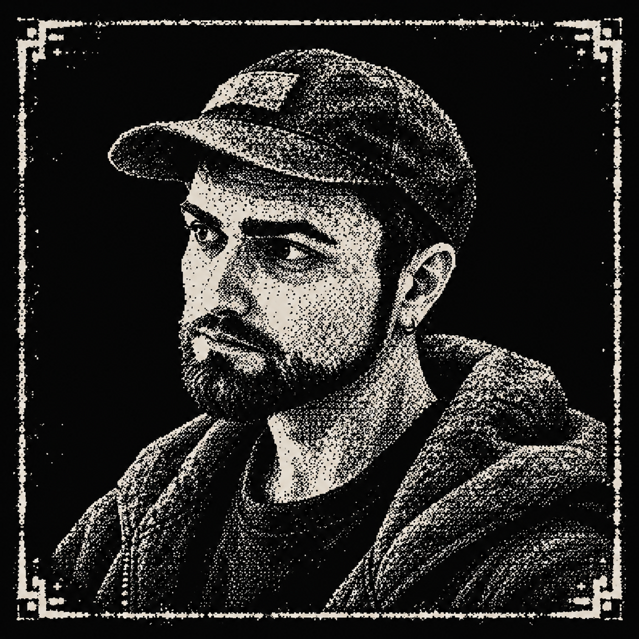 Bitmap portrait of AKOL in a cap and hoodie, surrounded by a distressed printed frame